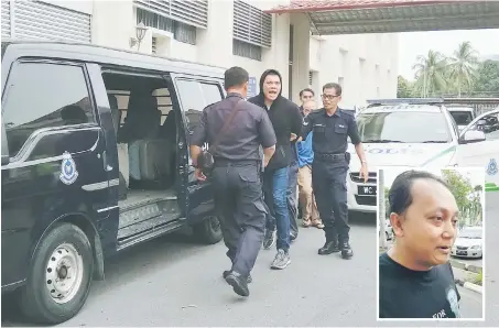  ??  ?? Fitri shouts profanity at the reporters who are taking his photos, as he is being brought to a police vehicle after the delivery of the guilty verdict at the High Court in Miri. (Inset) Davy Kayong.