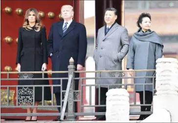  ?? JIM WATSON/AFP ?? US President Donald Trump (second-left), First Lady Melania Trump (left), China’s President Xi Jinping (second-right) and his wife Peng Liyuan take a tour in the Forbidden City in Beijing yesterday.
