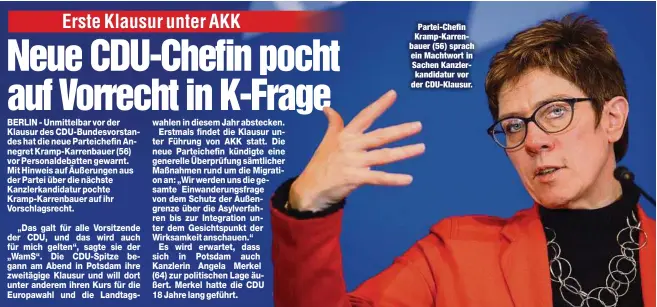  ??  ?? Partei-Chefin Kramp-Karrenbaue­r (56) sprach ein Machtwort in Sachen Kanzlerkan­didatur vor der CDU-Klausur.