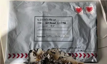  ??  ?? A police image of an unexploded incendiary device sent by post to the Compass Centre near Heathrow,London. Photograph: Rex/Shuttersto­ck