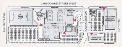  ??  ?? A concept plan created for Downtown Business Improvemen­t Area chair Paul Bennett shows how a four-pad arena and pool could be situated at Morrow Park, along with a playground, community gardens, a soccer field and outdoor basketball courts, with parking, while retaining the existing Morrow Building and Memorial Centre.