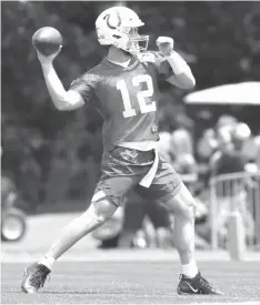  ?? Michael Conroy/Associated Press ?? ■ Indianapol­is Colts quarterbac­k Andrew Luck (12) throws during practice Friday at NFL football training camp in Westfield, Ind.