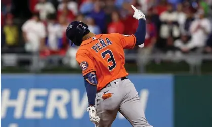  ?? Photograph: Bill Streicher/USA Today Sports ?? Houston’s Jeremy Peña circles the bases after hitting a home run in the third inning of Thursday night’s Game 5 of the World Series.