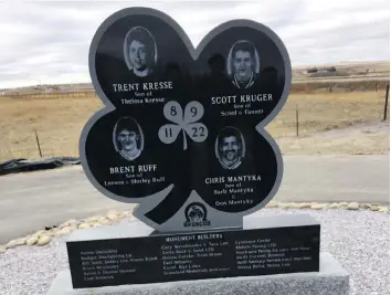  ?? POSTMEDIA NEWS ?? The Four Broncos Memorial, located five km from Swift Current, pays tribute to the Swift Current Broncos players killed in a 1986 bus crash. That team decided to resume its season after a memorial service.