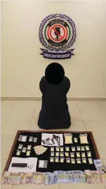  ??  ?? A bedoon man arrested in Saad Al-Abdullah with possession of drugs, guns and cash.