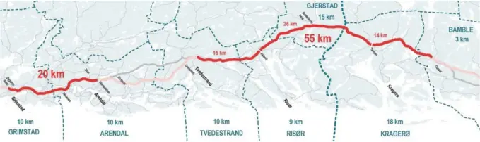  ?? NYE VEIER AS ?? «REST-E18»: Når 23 km 4-felts E18-motorvei åpnes mellom Arendal og Tvedestran­d i oktober 2019 – gjenstår 75 km mellom Grimstad og Dørdal som ikke vil ha motorveist­andard.