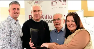  ?? All photos by Michelle Cooper Galvin. ?? Tony Dunne, Pat Sheehan, Donie Moynihan and Mary B Teahan at the BNI Business Network Internatio­nal stand.