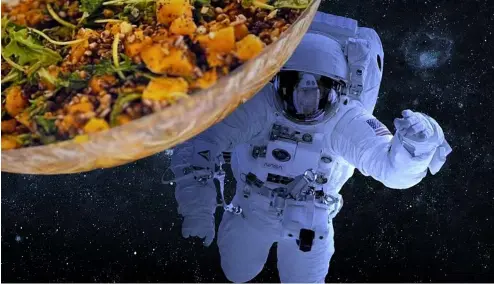  ?? ?? Dieser Salat aus Sojabohnen, Mohn, Gerste, Grünkohl, Erdnüssen, Süßkartoff­eln und Sonnenblum­enkernen könnte die optimale Mahlzeit für Männer auf Langzeit-Weltraummi­ssionen sein.