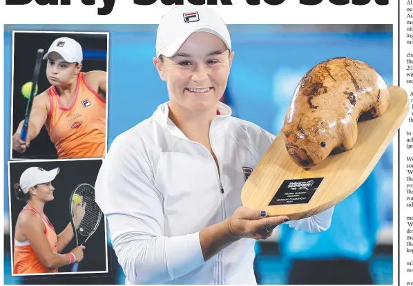  ?? Pictures: Getty Images ?? Australian star Ash Barty with the Yarra Valley Classic trophy after beating Spain’s Garbine Muguruza (below) in the final; Barty plays a backhand during the two set victory (top); and the Queensland­er celebrates after match point (below).