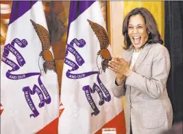  ?? Charlie Neibergall The Associated Press ?? Democratic presidenti­al candidate Sen. Kamala Harris, D-calif., arrives at a Women of Color roundtable discussion Tuesday in Davenport, Iowa.