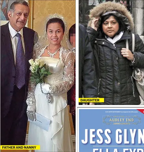  ?? FATHER AND NANNY
DAUGHTER ?? Family dispute: City lawyer Audra Wamsteker outside court. Far left, her father Paul David and nanny Jobeth Daguio on their wedding day