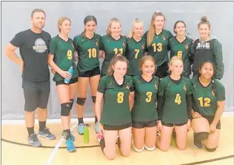  ??  ?? Junior volleyball silver medalists in division 2 from left Coach, Simon Quin, Jadah Mackay, Jess Harray, Sydnee Shanley, Chantelle Wenzlick, Sara Campbell, Abby Corbett, Ashley Shanley (coach), Monique Brooks, Amy Rochat, Lucy Turner and Afuhia Uilou.