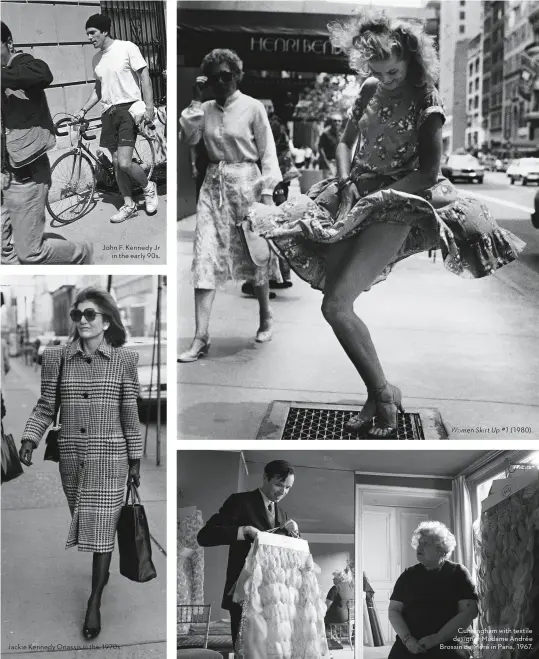  ??  ?? John F. Kennedy Jr in the early 90s. Jackie Kennedy Onassis in the 1970s. Women Skirt Up #1 (1980). Cunningham with textile designer Madame Andrée Brossin de Méré in Paris, 1967.