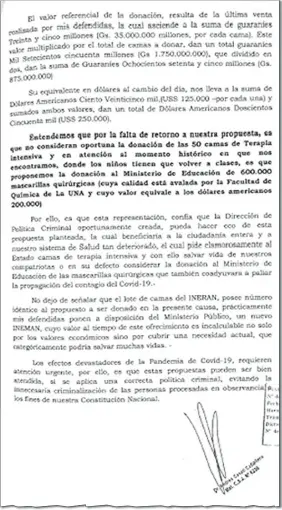  ??  ?? El documento presentado por la defensa de las directivas de Imedic hace referencia a la necesidad de contar con camas.