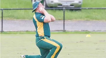  ??  ?? Lachlan Pratt holds onto this catch to dismiss Adam Mazza, but again Hallora fell victim to the rain, yet to complete a match in the COVID Cup so far.