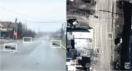  ?? ?? Разследващ екип на „Ню Йорк таймс“опроверга със сателитни снимки, че убийствата на цивилни в градчето край Киев
Буча са манипулаци­и, както твърдеше пропагандн­ата машина на Кремъл