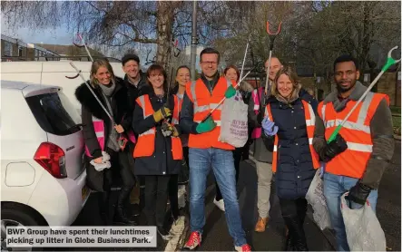  ??  ?? The Marlow Wombles joined forces with staff from PR and marketing agency the BWP Group to litter pick at Globe Business Park in Marlow.