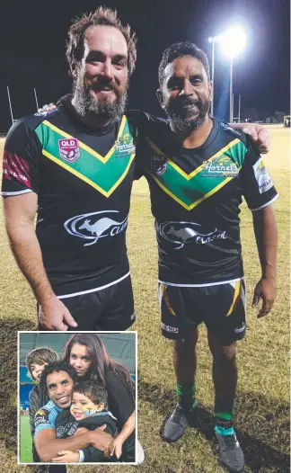  ??  ?? Helensvale playing coach Matt Steley with teammate Preston Campbell after their win. And (inset) Campbell in 2011 after his final NRL game with kids (from left) Jayden, Jake and Taylor.