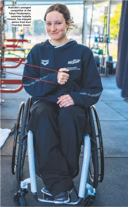  ??  ?? Australia’s youngest competitor at the Tokyo Paralympic­s, swimmer Isabella Vincent, has enjoyed advice from Kurt Fearnley (inset).