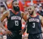  ?? CHRISTIAN SMITH / AP ?? Houston Rockets’ James Harden (left) and Chris Paul discuss a play during a break in Game 2 their first-round playoff series against the Minnesota Timberwolv­es, on Wednesday in Houston.