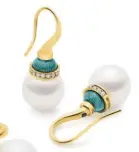  ??  ?? Kailis Lucernae French Hook Earrings in Yellow Gold and Aurora Green; $9880.