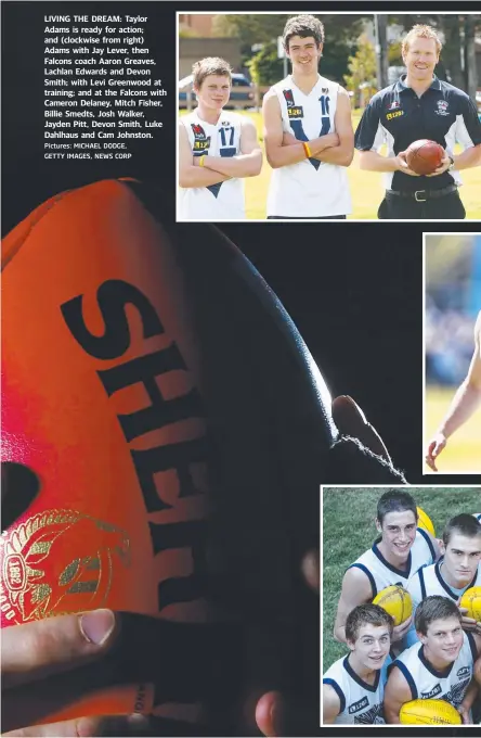  ?? Pictures: MICHAEL DODGE, GETTY IMAGES, NEWS CORP ?? LIVING THE DREAM: Taylor Adams is ready for action; and (clockwise from right) Adams with Jay Lever, then Falcons coach Aaron Greaves, Lachlan Edwards and Devon Smith; with Levi Greenwood at training; and at the Falcons with Cameron Delaney, Mitch Fisher, Billie Smedts, Josh Walker, Jayden Pitt, Devon Smith, Luke Dahlhaus and Cam Johnston.