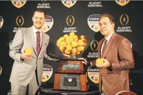  ?? Joe Skipper / Associated Press ?? Alabama head coach Nick Saban, right, stands with Oklahoma head coach Lincoln Riley at an Orange Bowl coaches’ news conference in Fort Lauderdale, Fla., on Friday. Alabama plays Oklahoma in the national semifinal playoff on Saturday.