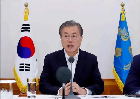  ?? BAE JAE-MAN/YONHAP VIA AP ?? South Korean President Moon Jae-in speaks during a meeting with business leaders at the presidenti­al Blue
House in Seoul, South Korea, on Wednesday.