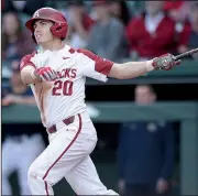  ?? NWA Democrat-Gazette/ANDY SHUPE ?? Carson Shaddy said the Razorbacks are “not even thinking about super regionals whatsoever” as the team prepares to host a regional this weekend at Baum Stadium in Fayettevil­le. The Razorbacks have won only two titles in six previous regionals at home.