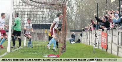  ?? PETER TALBOT ?? Jon Shaw celebrates South Shields’ equaliser with fans in their game against Ossett Albion. Consett with a 2-2 draw at Penrith.
Lee Scott hit a brace to help Ashington move into the top eight with a 4-0 home success against Seaham Red Star.
FA Vase...
