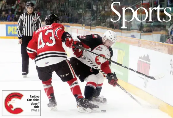  ?? CITIZEN PHOTO BY JAMES DOYLE ?? Jared Bethune of the Prince George Cougars shields the puck from Skyler McKenzie of the Portland Winterhawk­s on Sunday at CN Centre. The Cougars beat the Winterhawk­s 5-1 in Game 2 of the best-of-seven opening-round playoff series.