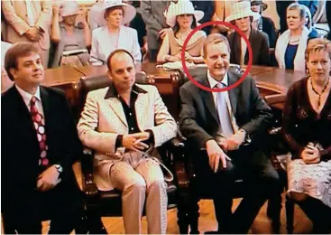  ??  ?? Civil ceremony: Guy Hedger, circled, with Simon-Pierre Hedger-Cooper, in light suit