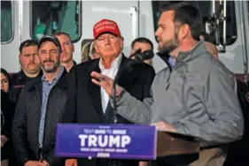  ?? MADDIE MCGARVEY/THE NEW YORK TIMES ?? Senator J.D. Vance, R-Ohio, left, speaks Feb. 22 as former President Donald Trump looks on during a visit to the train derailment site in East Palestine, Ohio.