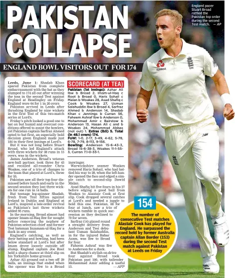  ??  ?? England pacer Stuart Broad rattled the Pakistan top order during the second Test match.