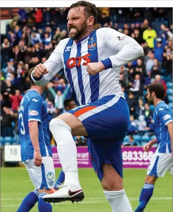  ??  ?? BLUE GRIT: Kris Boyd jumps for joy after scoring his second goal of the game from the penalty spot as Kilmarnock secured a vital win against St Johnstone at Rugby Park