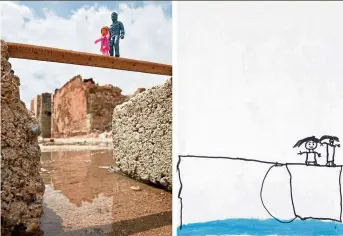  ??  ?? A drawing by an Iraqi child shows her and her father fleeing across a broken bridge next to a photo rendition with toy figures of a child and a man in old city of Mosul, Iraq.