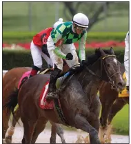  ??  ?? Channing Hill (left) rode Kimari to victory in the Purple Martin Stakes on Saturday at Oaklawn in Hot Springs. Kimari’s winning time in the 6-furlong race was 1:10.57.
(Arkansas Democrat-Gazette/Thomas Metthe)