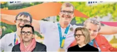  ?? FOTO:BECKERBRED­EL ?? Sportminis­ter Reinhold Jost und Ministerpr­äsidentin Anke Rehlinger vor einem Foto der drei Saar-Medailleng­ewinner der Special-Olympics-Weltspiele (von links): Christof Olbrich, Steve Röder und Anna-Lena Haben.