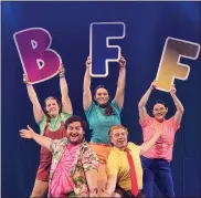  ?? SUBMITTED PHOTO ?? Wes Hopkins (Patrick Star), Donovan McDonald (SpongeBob Squarepant­s), and BFFs (Caitlyn Colgan, Autumn Phillips and Kathryn Gallimi) strike a pose for the song “BFF” in the “SpongeBob Musical” by Revival Production­s.