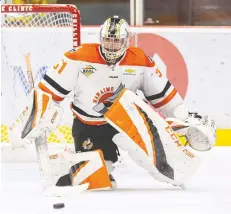  ?? GARRETT JAMES ?? On the ice, Nanaimo Clippers netminder Jordan Naylor is another player on the team and addresses his father Darren as “Coach.”