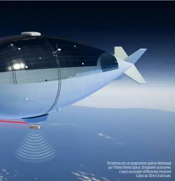  ??  ?? Stratobus est un programme spatial développé par Thales Alenia Space. Dirigeable autonome, il peut accomplir différente­s missions à plus de 20 km d’altitude.