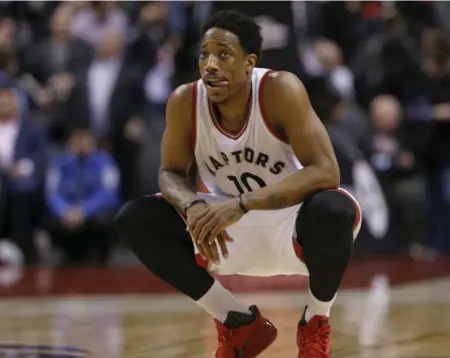  ?? RICK MADONIK/TORONTO STAR ?? Raptors guard DeMar DeRozan had 28 points against the Hornets, but Charlotte made 16 of 32 three-point attempts and won 110-106.