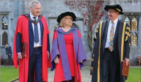  ??  ?? Helen Rochford Brennan is pictured at her conferring with Professor Eamon O’Shea and Professor Ciarán Ó hÓgartaigh, President of NUI Galway.
