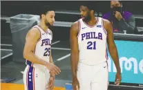  ?? CHRISTIAN PETERSEN/GETTY IMAGES FILES ?? Ben Simmons, left, shown talking to teammate Joel Embiid during a game in February, reportedly met with Philadelph­ia 76ers president Daryl Morey and GM Elton Brand.