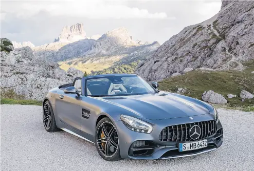  ??  ?? The new Mercedes AMG GT C Roadster is powered by a handcrafte­d AMG 4.0-litre twin turbo V-8.
