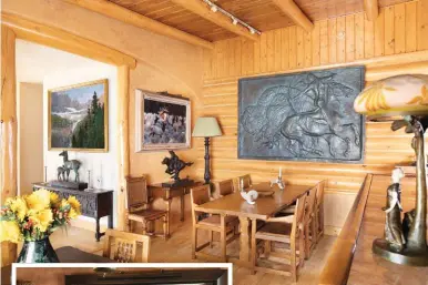  ??  ?? Outside the bar in the dining room is Grinnell Glacier (Glacier National Park), oil on canvas, by John Fery (1859-1934). Beneath it is Untitled (Dear with Fawn), 19th century, bronze, by L. Rochard (19th century). In the bar is SocialHour, ca. 2007, oil on canvas, by Kyle Sims. The large bronze on the wall of the bar is a posthumous relief, (1918-2015) by Charles Cary Rumsey (1879-1922). The bronze beneath the Kyle is Bill Cody—hard and Fast All the Way, ca. 2010, by Peter M. Fillerup.