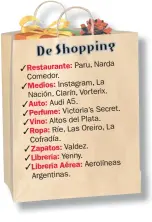  ??  ?? Restaurant­e: Paru, Narda Comedor. Medios: Instagram, La Nación, Clarín, Vorterix. Auto: Audi A5. Perfume: Victoria’s Secret. Vino: Altos del Plata. La Ropa: Ríe, Las Oreiro, Cofradía. Zapatos: Valdez. Librería: Yenny. Librería Aérea: Aerolíneas Argentinas.