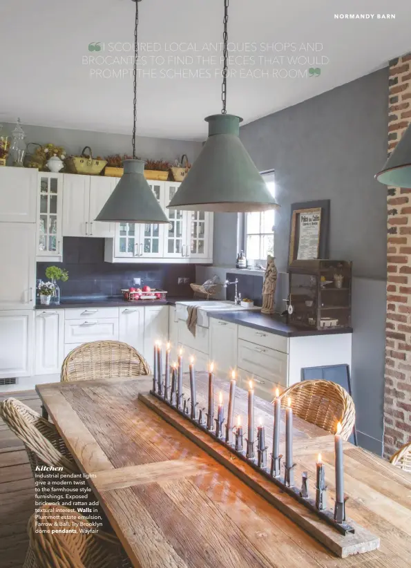  ??  ?? Kitchen
Industrial pendant lights give a modern twist to the farmhouse style furnishing­s. Exposed brickwork and rattan add textural interest. Walls in Plummett estate emulsion, Farrow & Ball. Try Brooklyn dome pendants, Wayfair