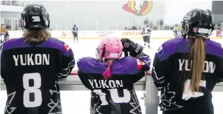  ??  ?? The Yukon girls peewee team at the Bell Capital Cup had to cobble together a roster of players from all over the province. “We barely have enough players to put together one team,” said co-coach Pat Tobler.