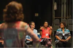  ?? Staff photo by Joshua Boucher ?? Patrice Phillips discusses a colleague’s monologue Tuesday at the Perot Theater. The Texarkana Regional Arts and Humanities Council invited Mary Hall Surface, a director and playwright, to instruct teachers on how to integrate monologues and improvised...